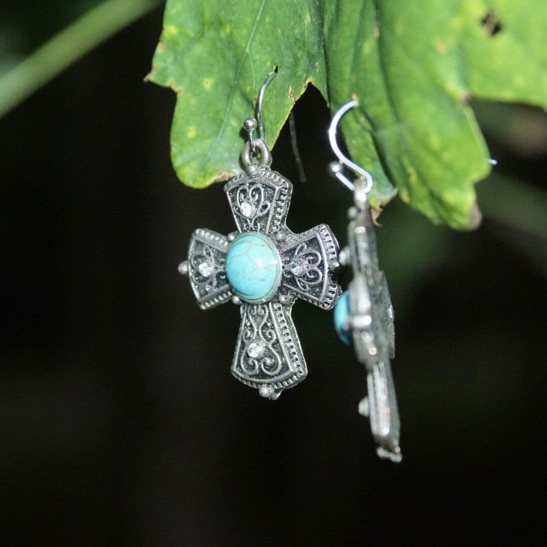 Vintage Silver Faux Turquoise Cross Dangle Earrings, Accent Crystals, Ornate Filigree Cross, New Mexico Turquoise, Fish Hooks, 1 3/4 L