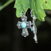 Vintage Silver Faux Turquoise Cross Dangle Earrings, Accent Crystals, Ornate Filigree Cross, New Mexico Turquoise, Fish Hooks, 1 3/4 L