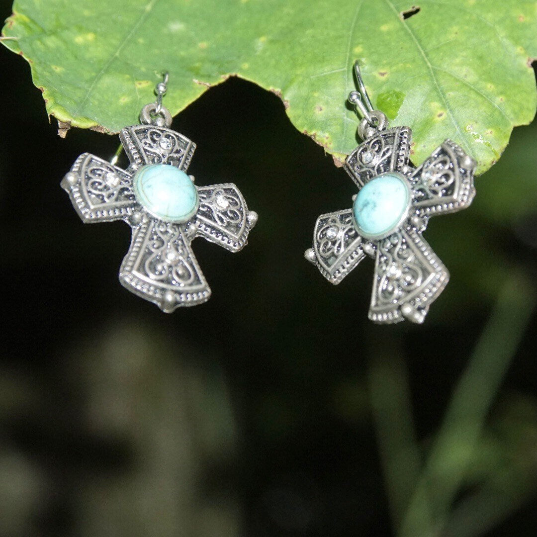 Vintage Silver Faux Turquoise Cross Dangle Earrings, Accent Crystals, Ornate Filigree Cross, New Mexico Turquoise, Fish Hooks, 1 3/4 L