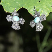 Vintage Silver Faux Turquoise Cross Dangle Earrings, Accent Crystals, Ornate Filigree Cross, New Mexico Turquoise, Fish Hooks, 1 3/4 L