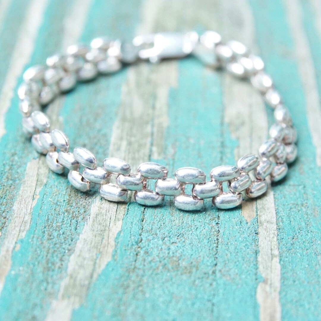 Vintage Italian Sterling Silver Panther Link Bracelet, 8mm, Minimalist Silver Bracelet, Lobster Clasp, Italy 925, 7 1/2 L