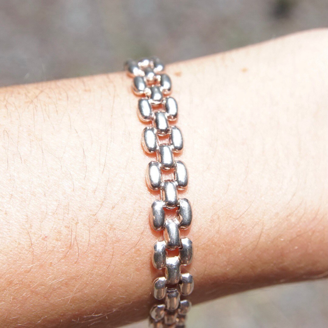Vintage Italian Sterling Silver Panther Link Bracelet, 8mm, Minimalist Silver Bracelet, Lobster Clasp, Italy 925, 7 1/2 L
