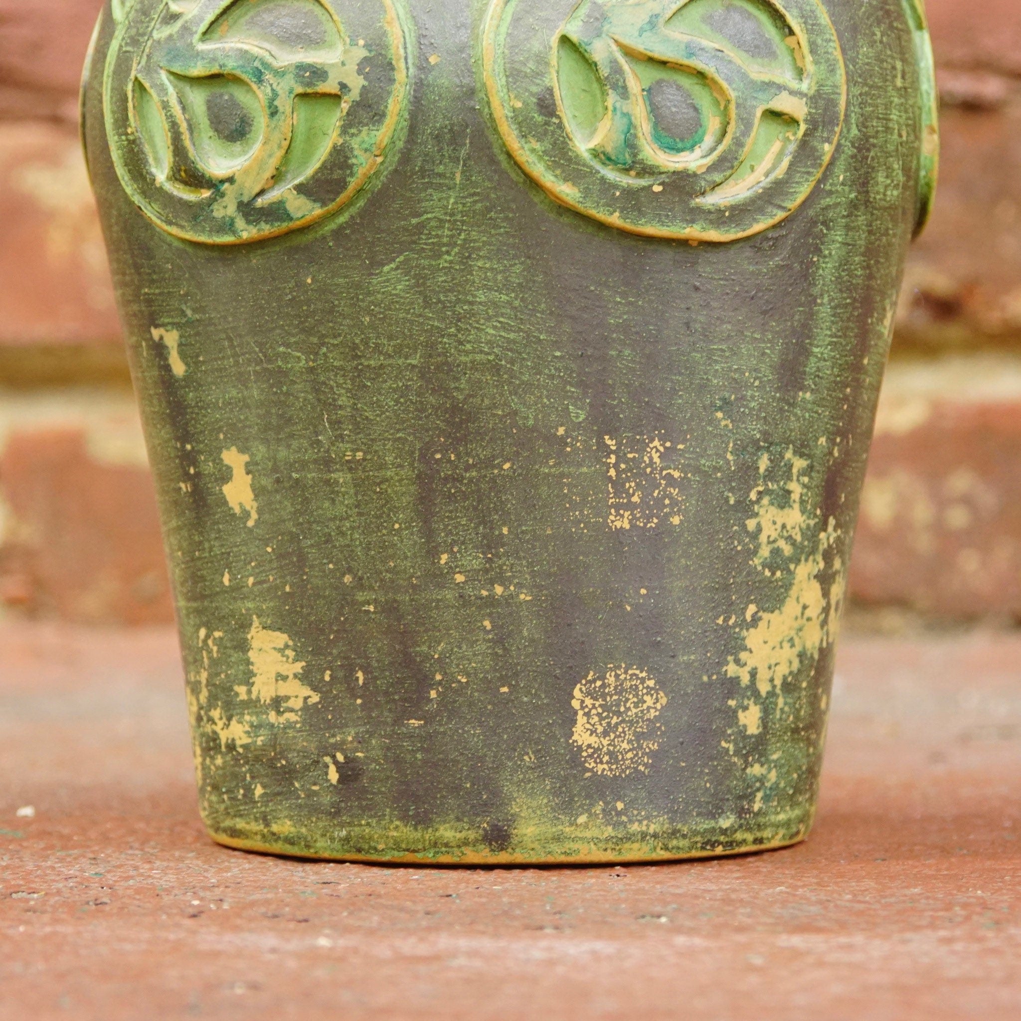 Vintage Danish Sknvirke Stoneware Vase, Hand Sculpted Pottery, Rustic Green Vase, Nouveau Style Raised Design, BC Copenhagen
