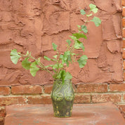 Vintage Danish Sknvirke Stoneware Vase, Hand Sculpted Pottery, Rustic Green Vase, Nouveau Style Raised Design, BC Copenhagen