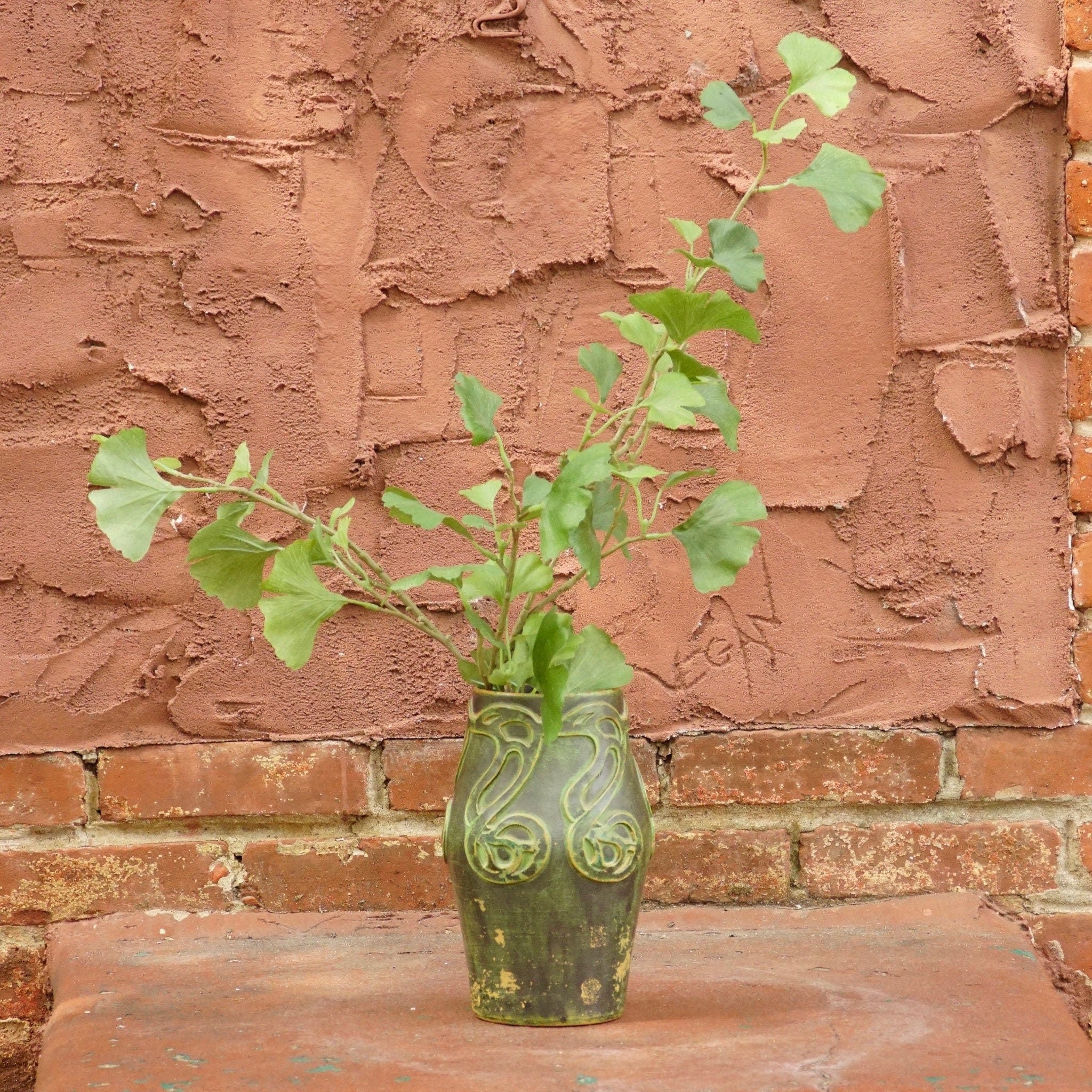 Vintage Danish Sknvirke Stoneware Vase, Hand Sculpted Pottery, Rustic Green Vase, Nouveau Style Raised Design, BC Copenhagen
