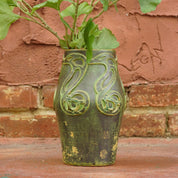 Vintage Danish Sknvirke Stoneware Vase, Hand Sculpted Pottery, Rustic Green Vase, Nouveau Style Raised Design, BC Copenhagen