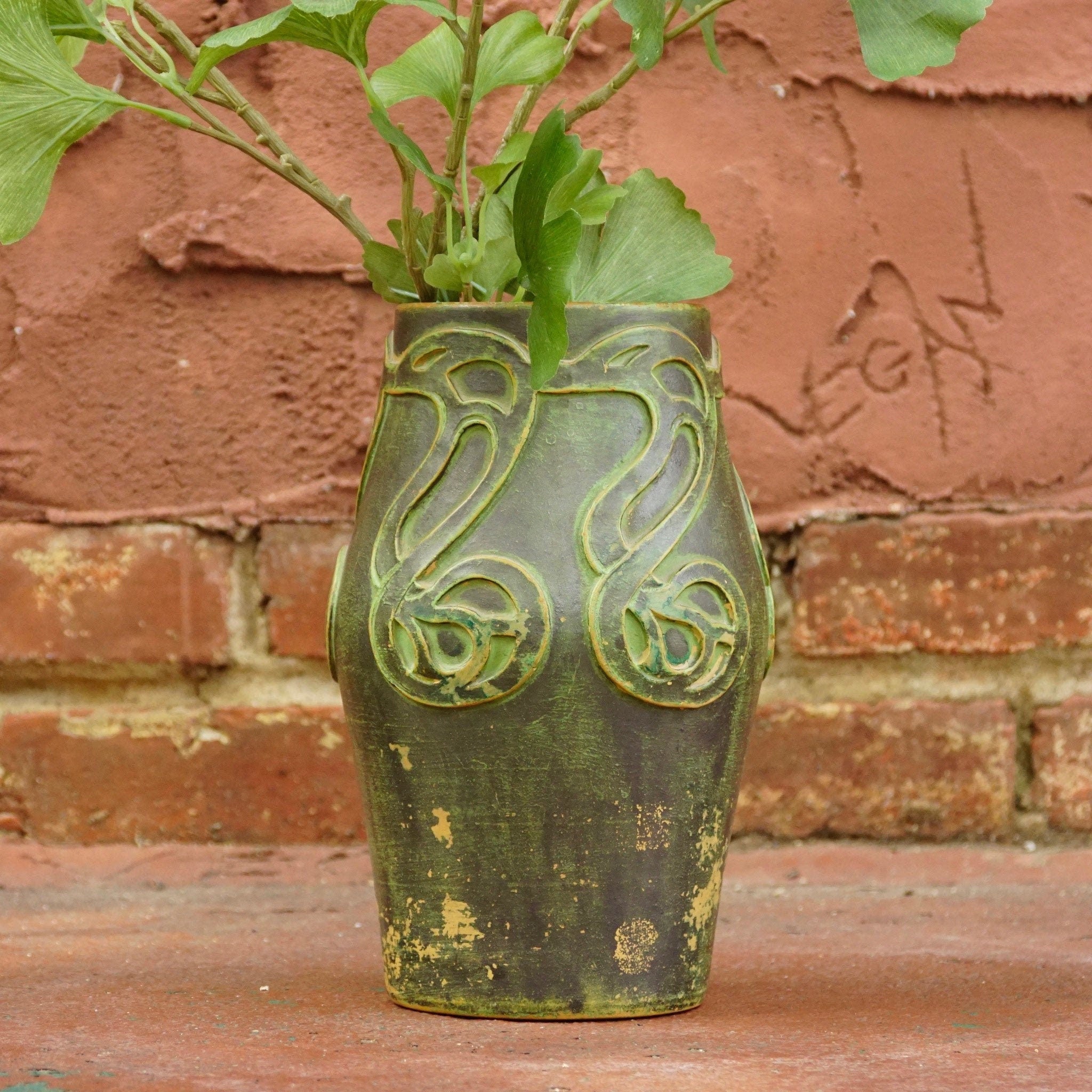 Vintage Danish Sknvirke Stoneware Vase, Hand Sculpted Pottery, Rustic Green Vase, Nouveau Style Raised Design, BC Copenhagen