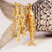 Vintage 18K Yellow Gold Articulated Fish Charm/Pendant, Red Cabochon Eyes, Moveable Scaled Fish Pendant, 750 Gold Charm, 2 Long