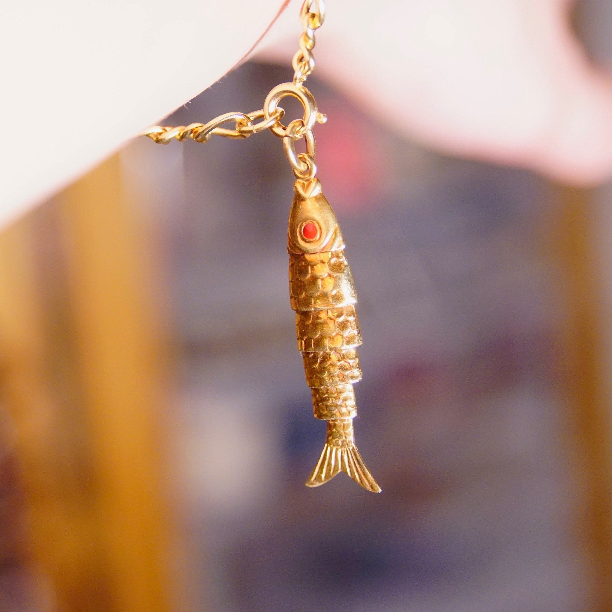 Vintage 18K Yellow Gold Articulated Fish Charm/Pendant, Red Cabochon Eyes, Moveable Scaled Fish Pendant, 750 Gold Charm, 2 Long