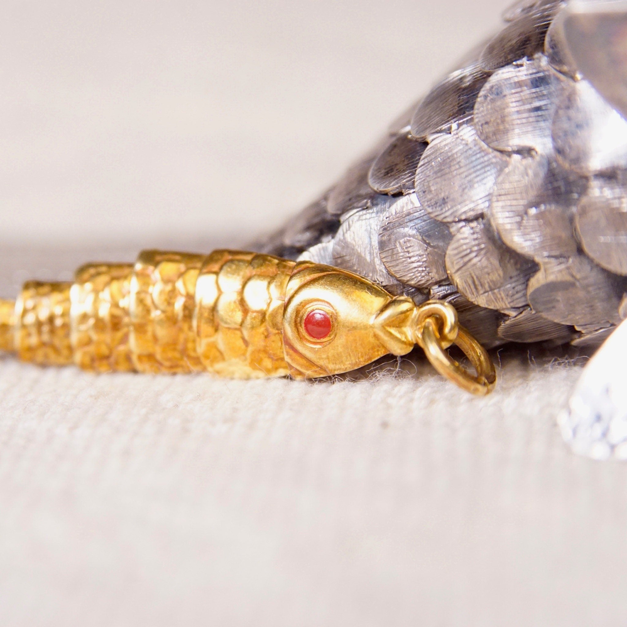 Vintage 18K Yellow Gold Articulated Fish Charm/Pendant, Red Cabochon Eyes, Moveable Scaled Fish Pendant, 750 Gold Charm, 2 Long