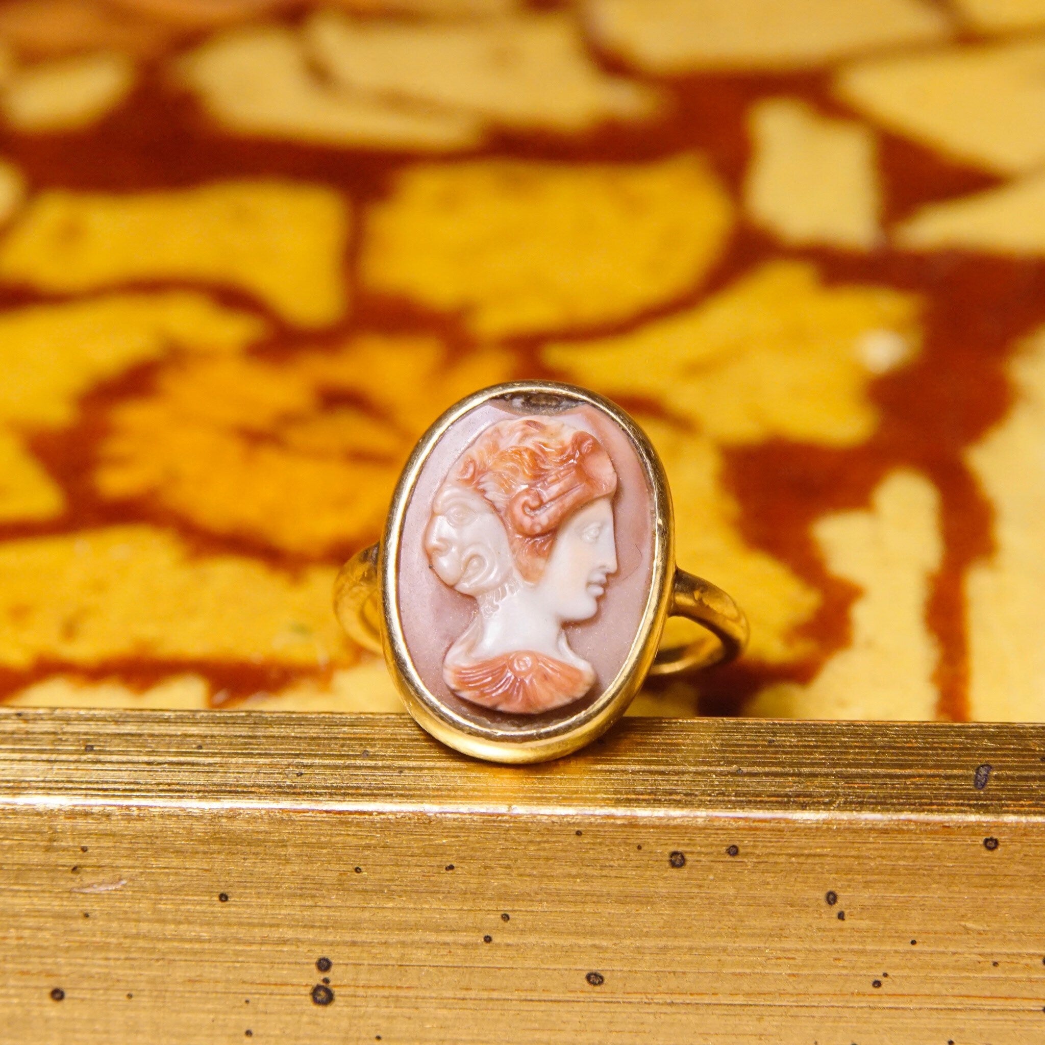 Vintage 14k Gold Cameo Ring, Classic Relief Cameo With Two Faced Figure, Unique Shell Carving, Yellow Gold Setting, Cut Band, Size 5 US