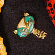 Vintage 18K Gold Diamond Malachite Cat Brooch, Yellow & White Gold, Large Green Cat Pin, Gold Tassel Diamond Collar, Unique Brooch, 750
