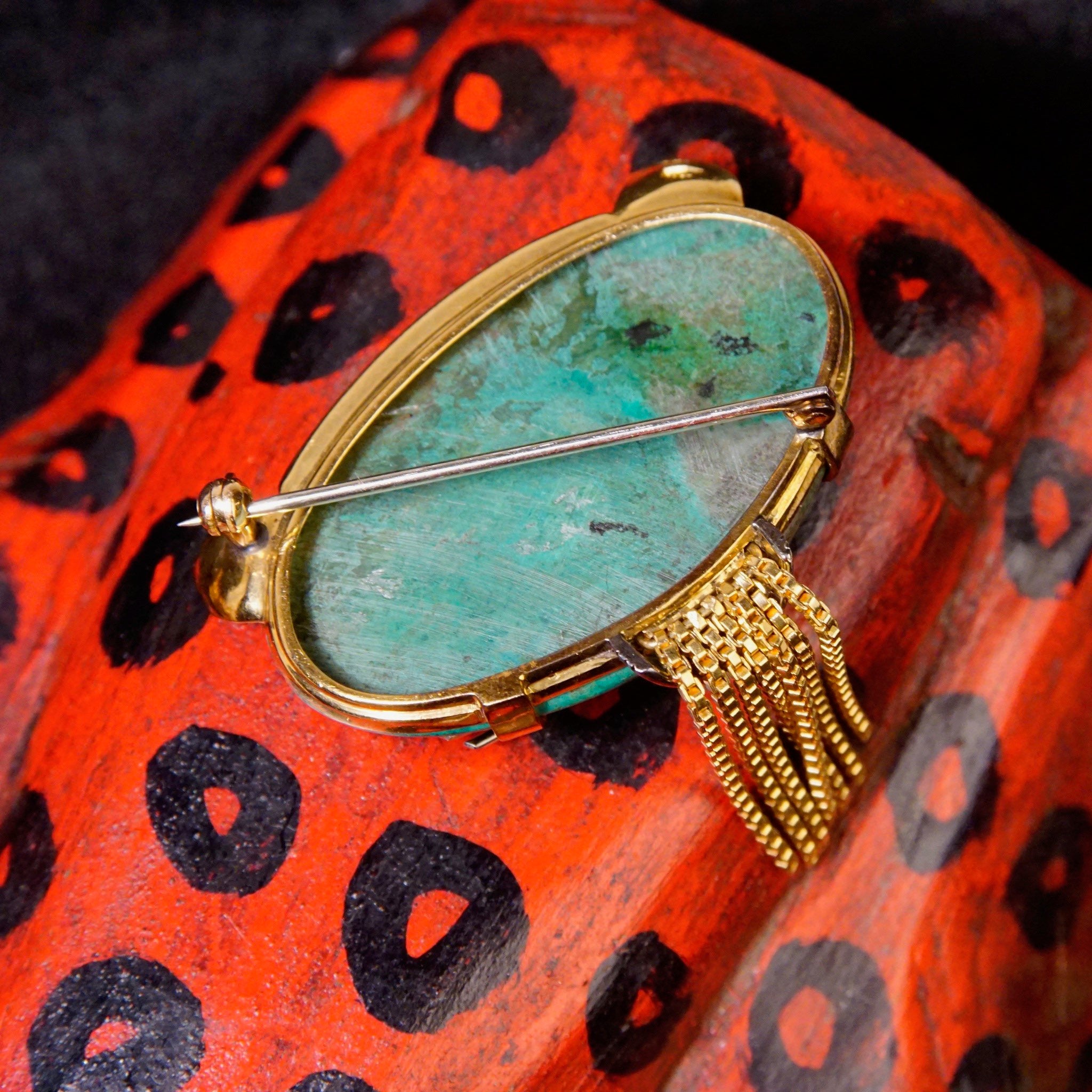 Vintage 18K Gold Diamond Malachite Cat Brooch, Yellow & White Gold, Large Green Cat Pin, Gold Tassel Diamond Collar, Unique Brooch, 750
