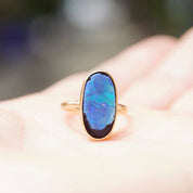 Antique 10K Gold Opal Inlay Ring, Iridescent Blue Opal Stone, Petite Yellow Gold Ring, Worn/Broke Stone, Size 4 US