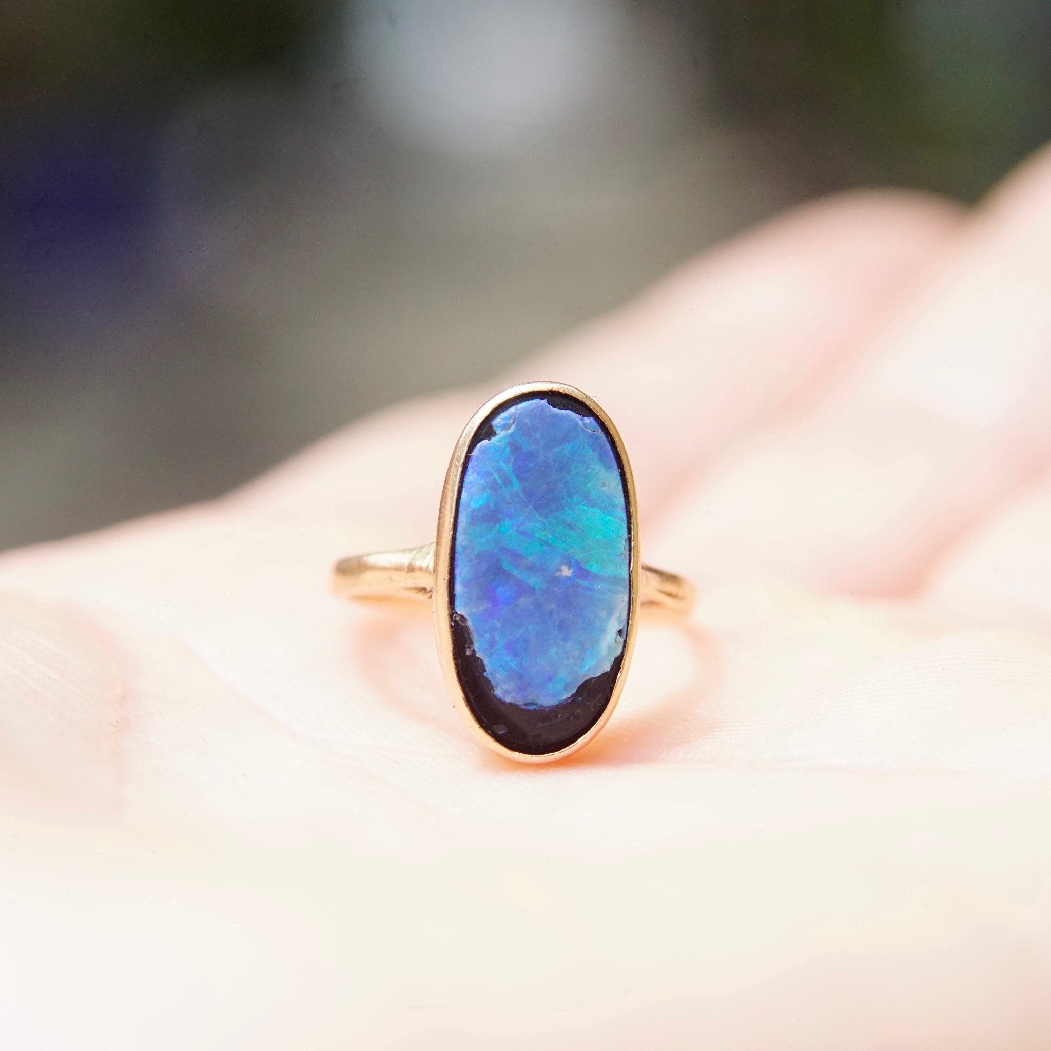 Antique 10K Gold Opal Inlay Ring, Iridescent Blue Opal Stone, Petite Yellow Gold Ring, Worn/Broke Stone, Size 4 US