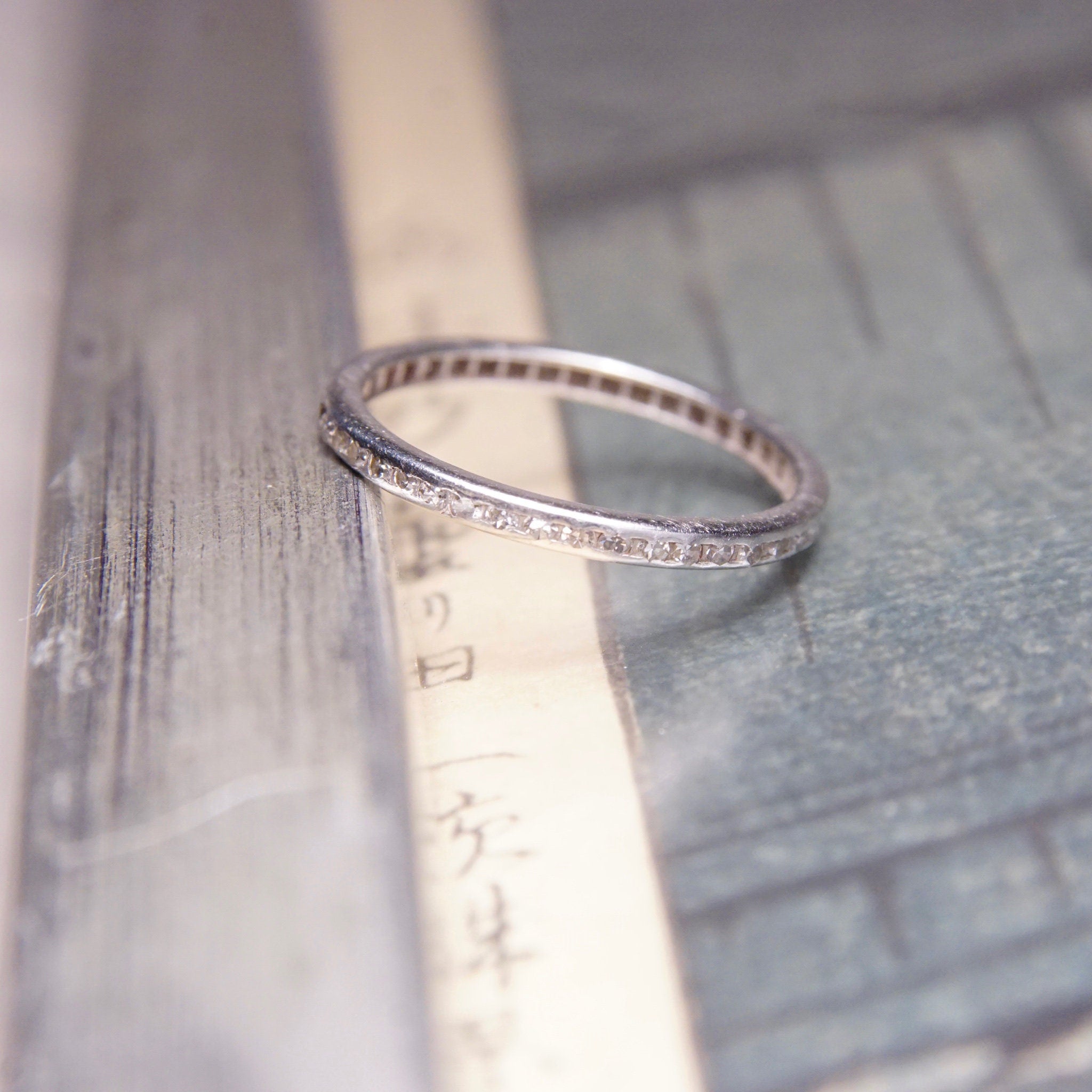 Vintage 18K White Gold Diamond Eternity Ring, 2mm Diamond Pave Band Ring, Minimalist Wedding Band, Petite/Thin Gold Ring, Size 6 3/4 US