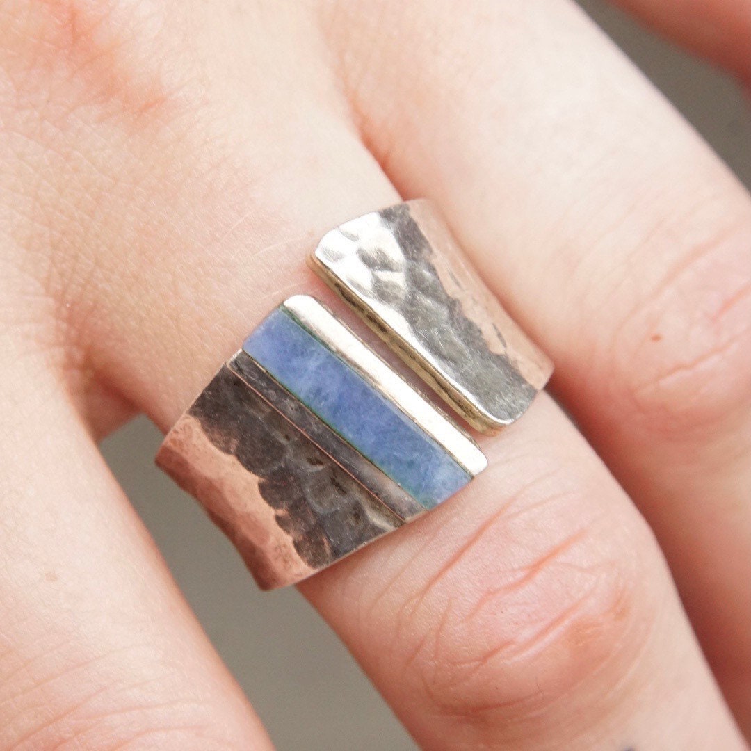 Vintage Hammered Sterling Silver Inlaid Gemstone Ring, Marbled Blue Stone, Textured Silver Cuff Ring, Adjustable, 925 Jewelry