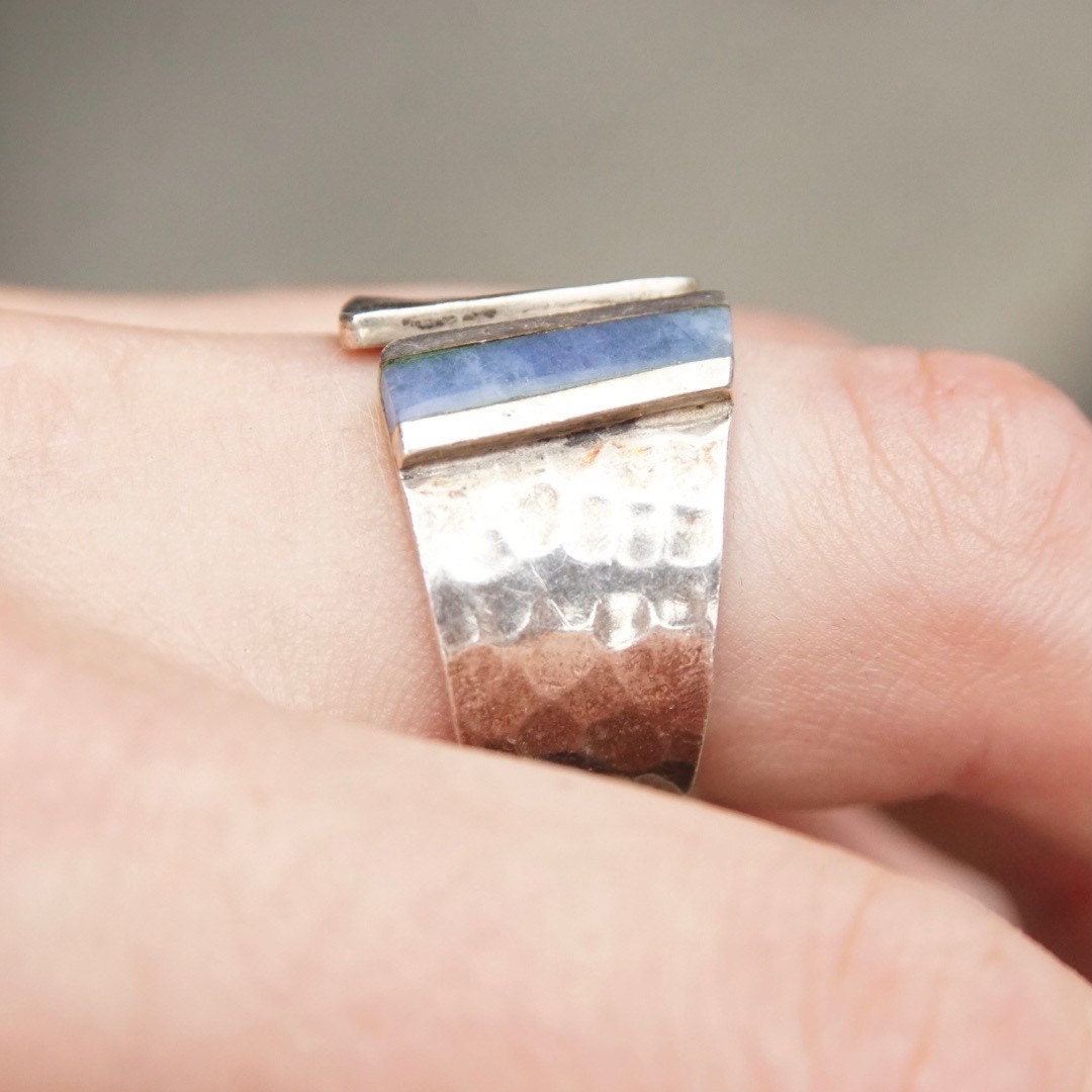 Vintage Hammered Sterling Silver Inlaid Gemstone Ring, Marbled Blue Stone, Textured Silver Cuff Ring, Adjustable, 925 Jewelry