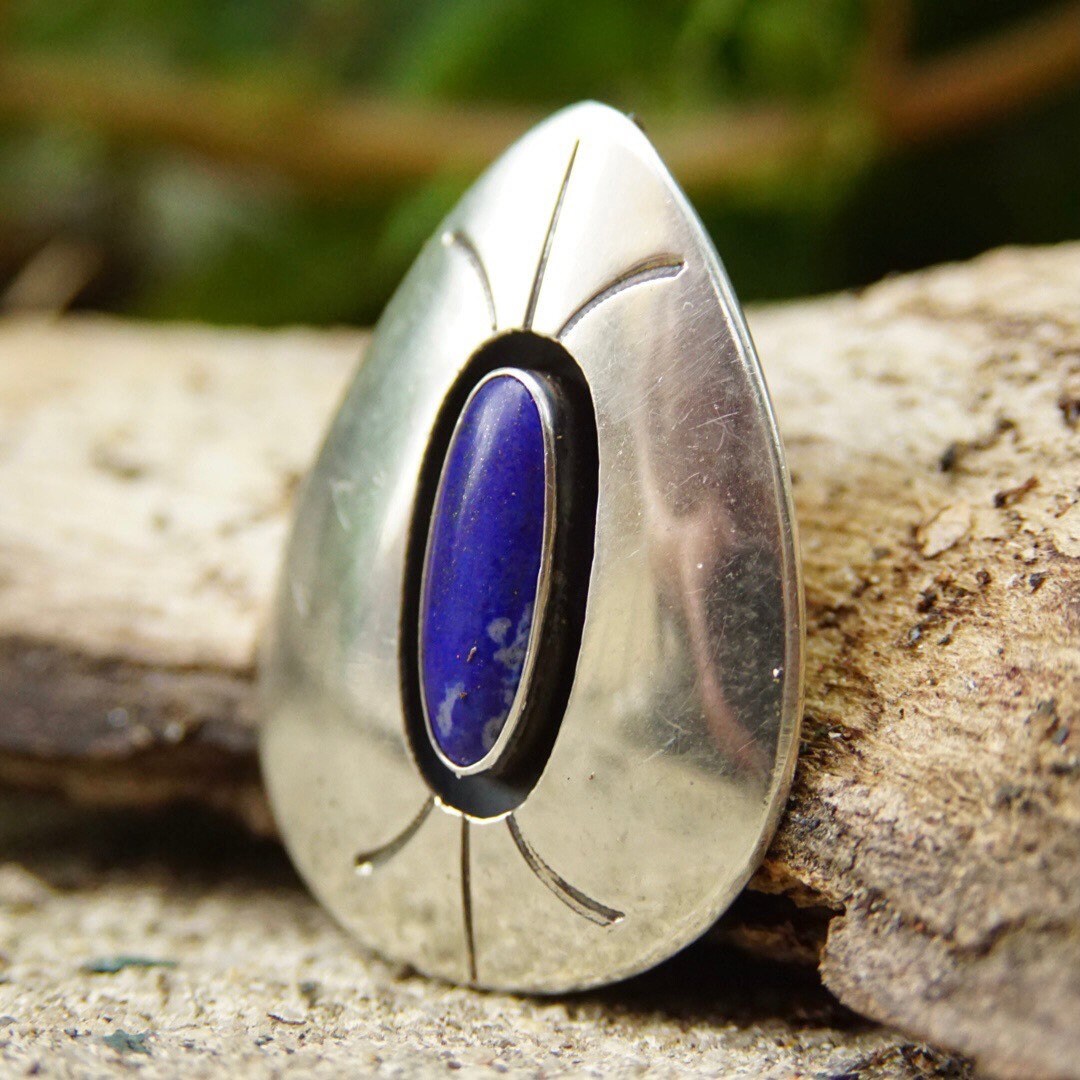 Vintage Signed Sterling Silver Lapis Lazuli Pendant, Unique Teardrop Pendant, Dark Blue Gemstone, 925 Jewelry, 2 Long