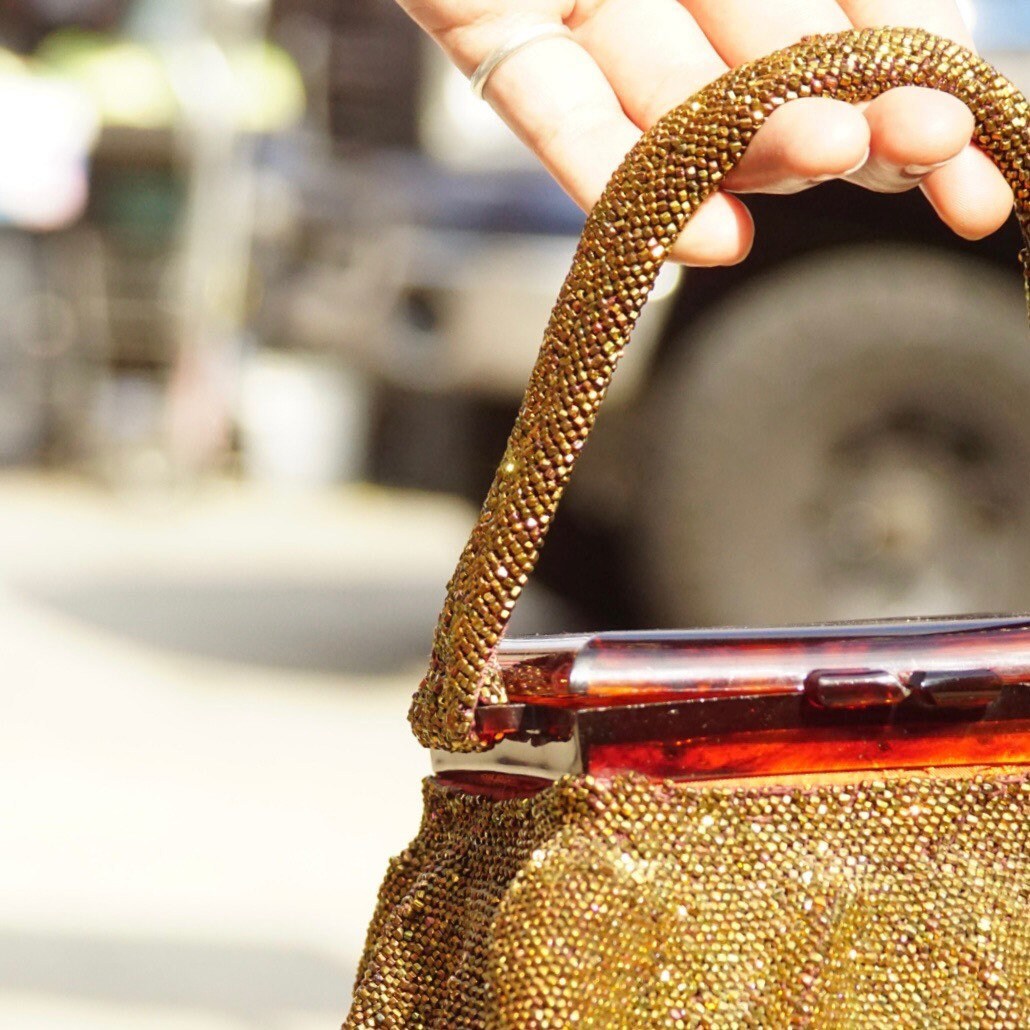 Vintage Beaded Bakelite Box Purse, Shimmering Brown Beads, Marbled Red/Brown Bakelite Lid, Matching Top Handle, Structured Handbag
