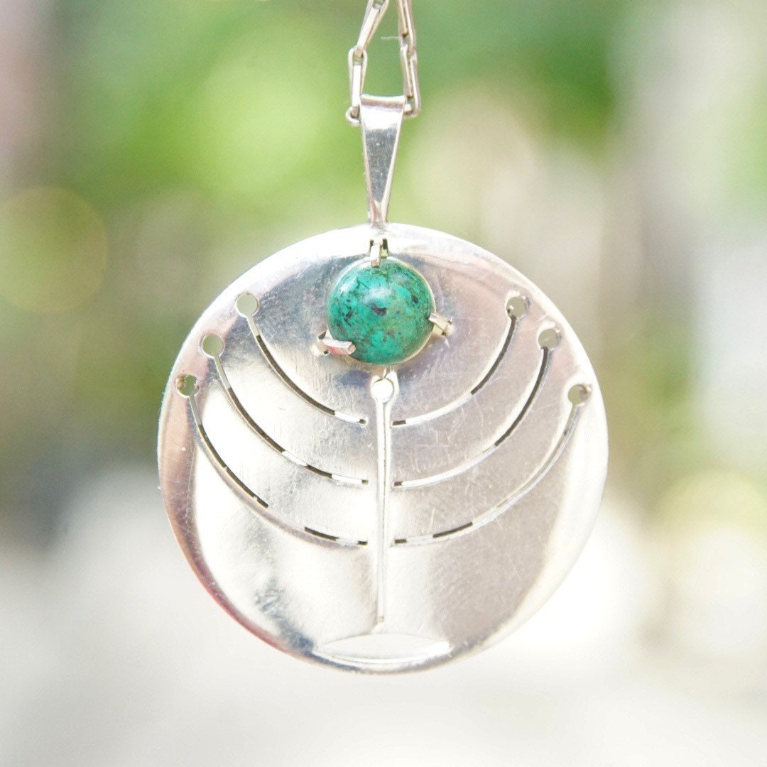 Vintage Israel 925 Turquoise Menorah Pendant Necklace, Modernist Silver Cut Out Pendant, Disc Pendant With Prong Set Stone, 23" Long