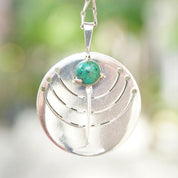Vintage Israel 925 Turquoise Menorah Pendant Necklace, Modernist Silver Cut Out Pendant, Disc Pendant With Prong Set Stone, 23" Long