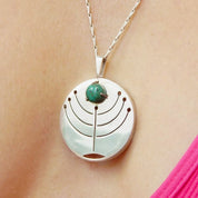 Vintage Israel 925 Turquoise Menorah Pendant Necklace, Modernist Silver Cut Out Pendant, Disc Pendant With Prong Set Stone, 23" Long