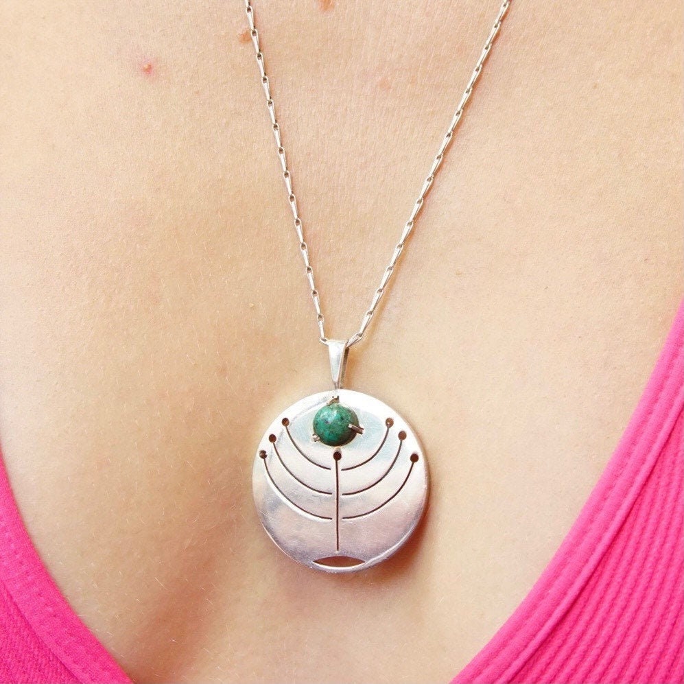 Vintage Israel 925 Turquoise Menorah Pendant Necklace, Modernist Silver Cut Out Pendant, Disc Pendant With Prong Set Stone, 23" Long