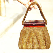 Vintage Beaded Bakelite Box Purse, Shimmering Brown Beads, Marbled Red/Brown Bakelite Lid, Matching Top Handle, Structured Handbag