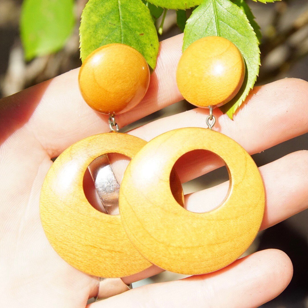 Vintage Mod Wooden Hoop Earrings, Dangle Stud Earrings, 1960's Style, Gogo Dancer, Natural Wood Earrings, Statement Piece, 2 1/2" Long