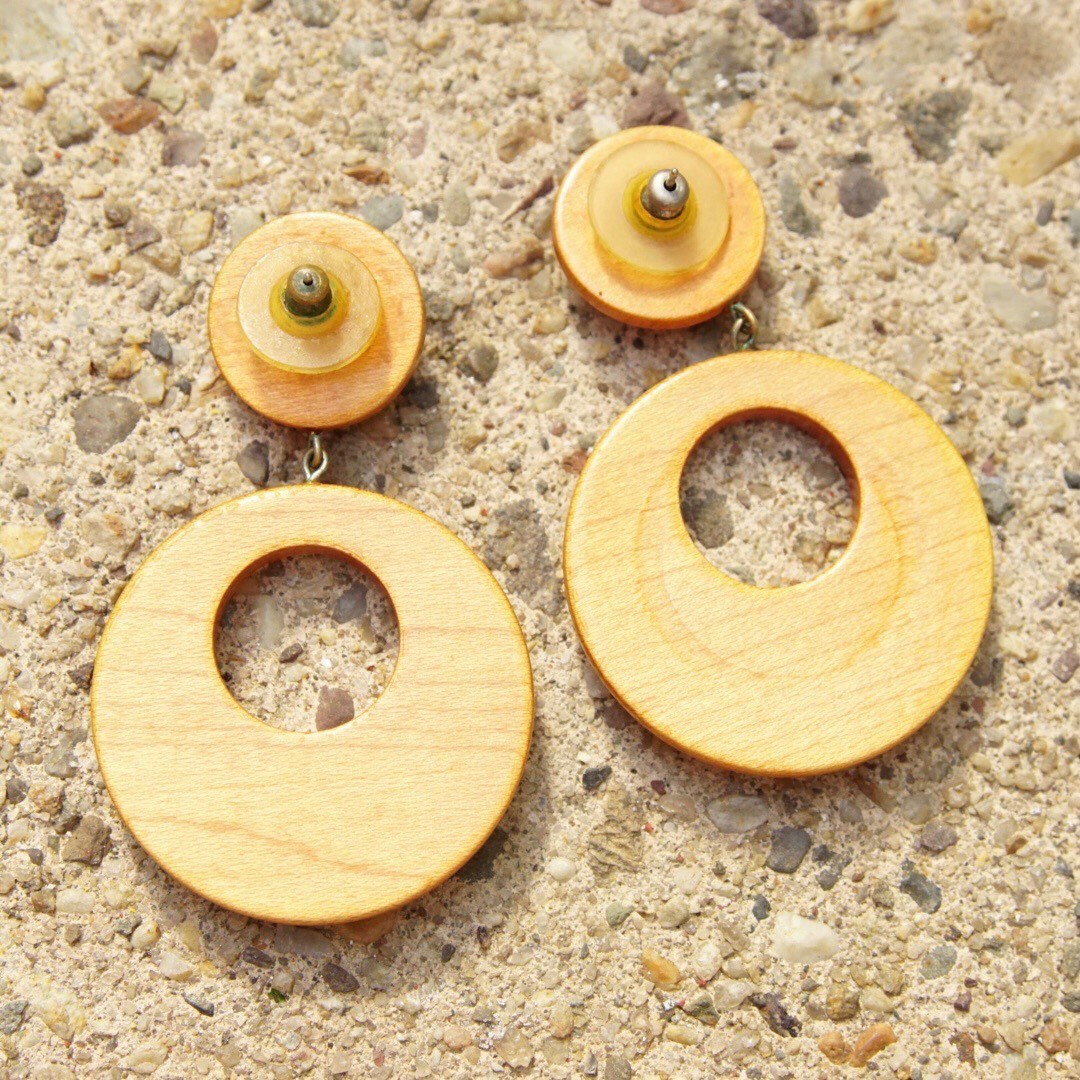 Vintage Mod Wooden Hoop Earrings, Dangle Stud Earrings, 1960's Style, Gogo Dancer, Natural Wood Earrings, Statement Piece, 2 1/2" Long