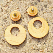 Vintage Mod Wooden Hoop Earrings, Dangle Stud Earrings, 1960's Style, Gogo Dancer, Natural Wood Earrings, Statement Piece, 2 1/2" Long