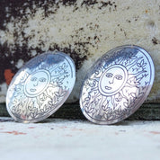 Vintage Silver Medallion Sun Dangle Earrings, Large Silver Disc With Sun Face & Flower Design, French Hooks, Statement Earrings, 3" Long