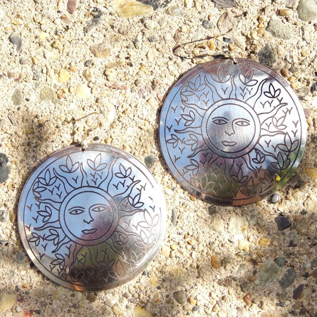Vintage Silver Medallion Sun Dangle Earrings, Large Silver Disc With Sun Face & Flower Design, French Hooks, Statement Earrings, 3" Long