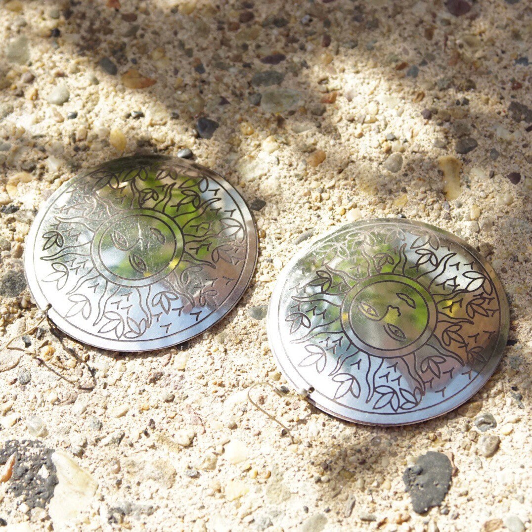 Vintage Silver Medallion Sun Dangle Earrings, Large Silver Disc With Sun Face & Flower Design, French Hooks, Statement Earrings, 3" Long