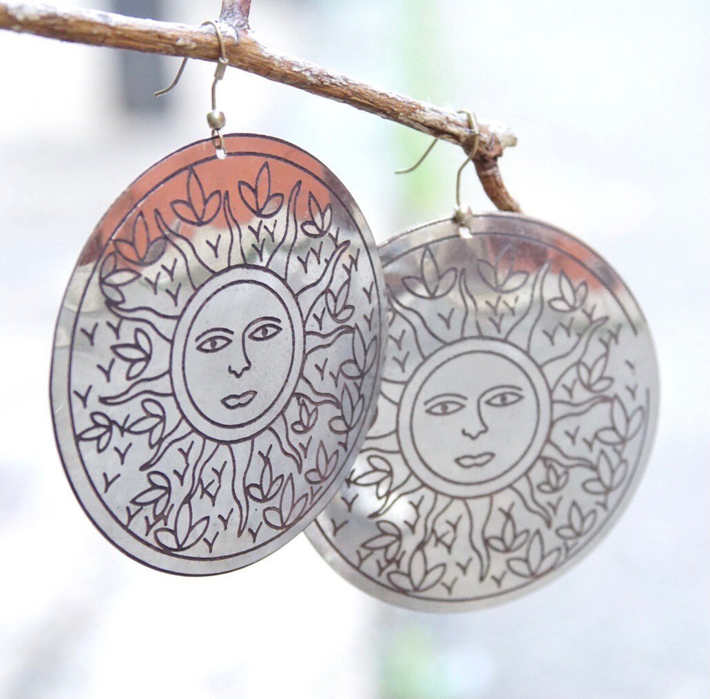 Vintage Silver Medallion Sun Dangle Earrings, Large Silver Disc With Sun Face & Flower Design, French Hooks, Statement Earrings, 3" Long