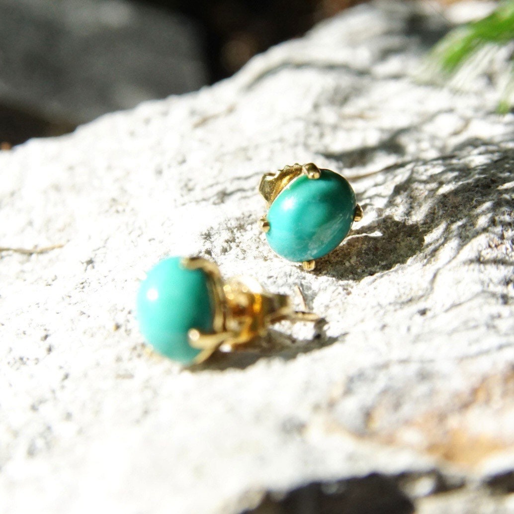 Vintage 14K Gold Turquoise Post Earrings, Yellow Gold, Prong Set Turquoise Stone, Small Oval Stud Earrings, Gemstone Jewelry, 8mm x 6mm