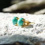 Vintage 14K Gold Turquoise Post Earrings, Yellow Gold, Prong Set Turquoise Stone, Small Oval Stud Earrings, Gemstone Jewelry, 8mm x 6mm