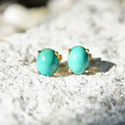 Vintage 14K Gold Turquoise Post Earrings, Yellow Gold, Prong Set Turquoise Stone, Small Oval Stud Earrings, Gemstone Jewelry, 8mm x 6mm