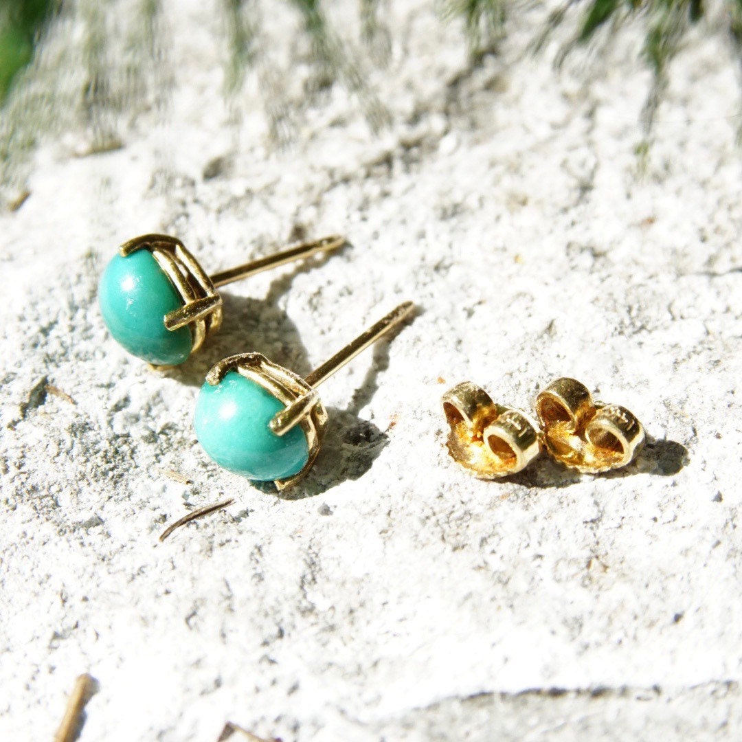 Vintage 14K Gold Turquoise Post Earrings, Yellow Gold, Prong Set Turquoise Stone, Small Oval Stud Earrings, Gemstone Jewelry, 8mm x 6mm