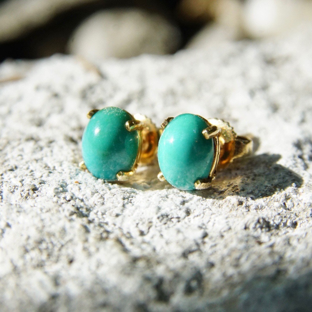 Vintage 14K Gold Turquoise Post Earrings, Yellow Gold, Prong Set Turquoise Stone, Small Oval Stud Earrings, Gemstone Jewelry, 8mm x 6mm