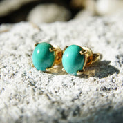 Vintage 14K Gold Turquoise Post Earrings, Yellow Gold, Prong Set Turquoise Stone, Small Oval Stud Earrings, Gemstone Jewelry, 8mm x 6mm