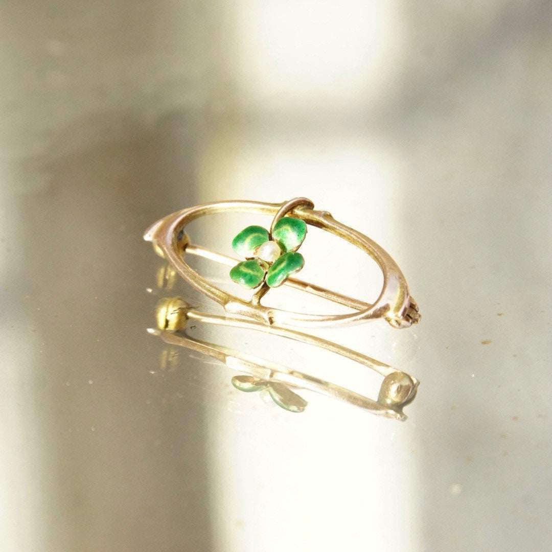 Vintage 10K Enamel Seed Pearl Flower Brooch Pin, Antique Gold Pin, Art Nouveau, Green Enamel 4-Leaf Clover, Tiny Pearl, 1 1/8" Long