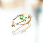 Vintage 10K Enamel Seed Pearl Flower Brooch Pin, Antique Gold Pin, Art Nouveau, Green Enamel 4-Leaf Clover, Tiny Pearl, 1 1/8" Long