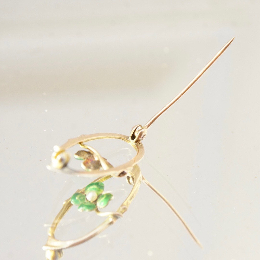 Vintage 10K Enamel Seed Pearl Flower Brooch Pin, Antique Gold Pin, Art Nouveau, Green Enamel 4-Leaf Clover, Tiny Pearl, 1 1/8" Long
