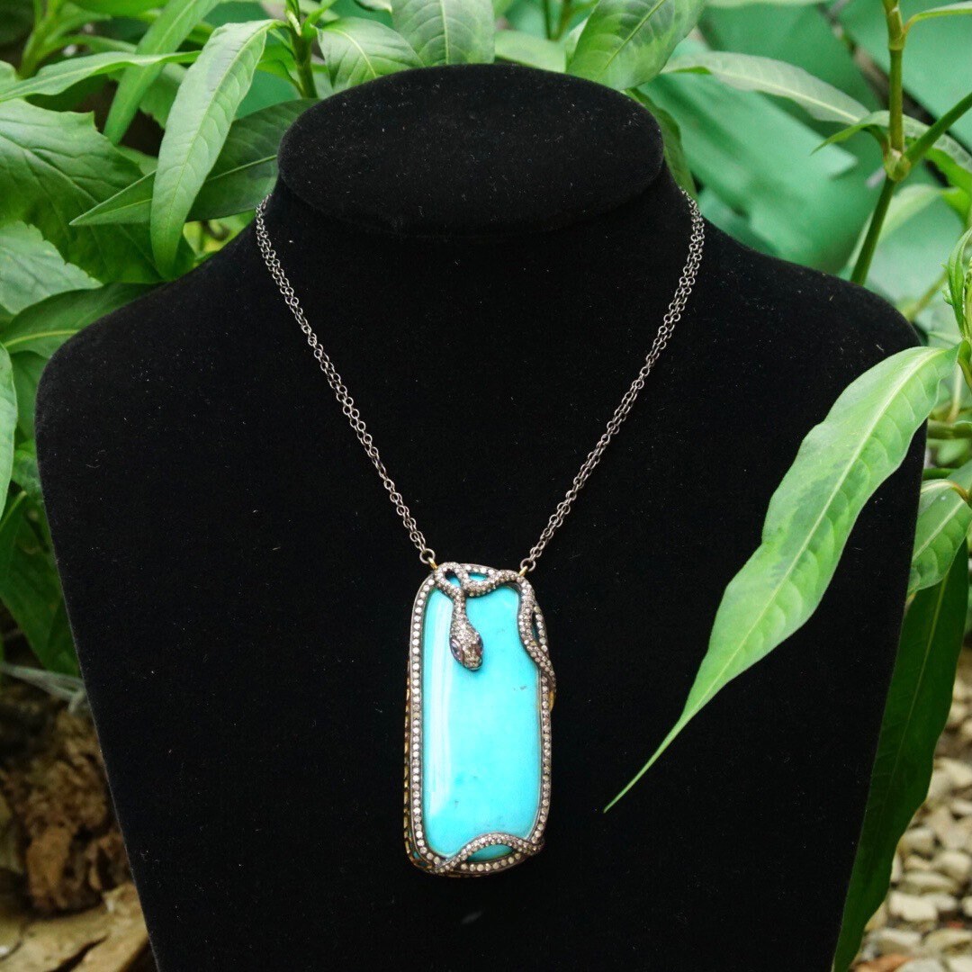 Vintage 18K Gold & Sterling Silver Turquoise Snake Pendant Necklace, Diamond Encrusted Snake, Huge Turquoise Stone, 2-Strand Chain, 21.25" L
