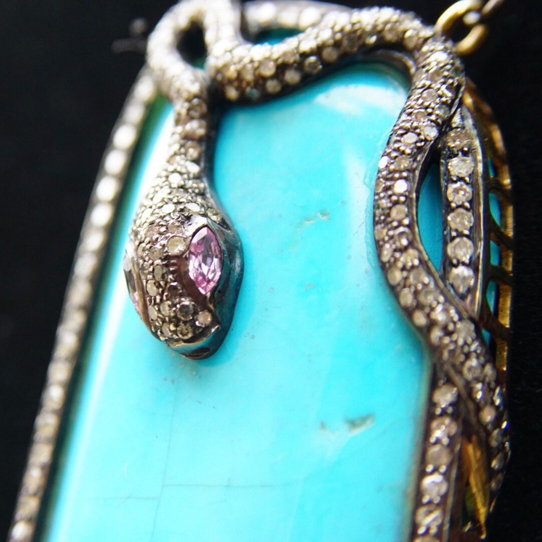 Vintage 18K Gold & Sterling Silver Turquoise Snake Pendant Necklace, Diamond Encrusted Snake, Huge Turquoise Stone, 2-Strand Chain, 21.25" L