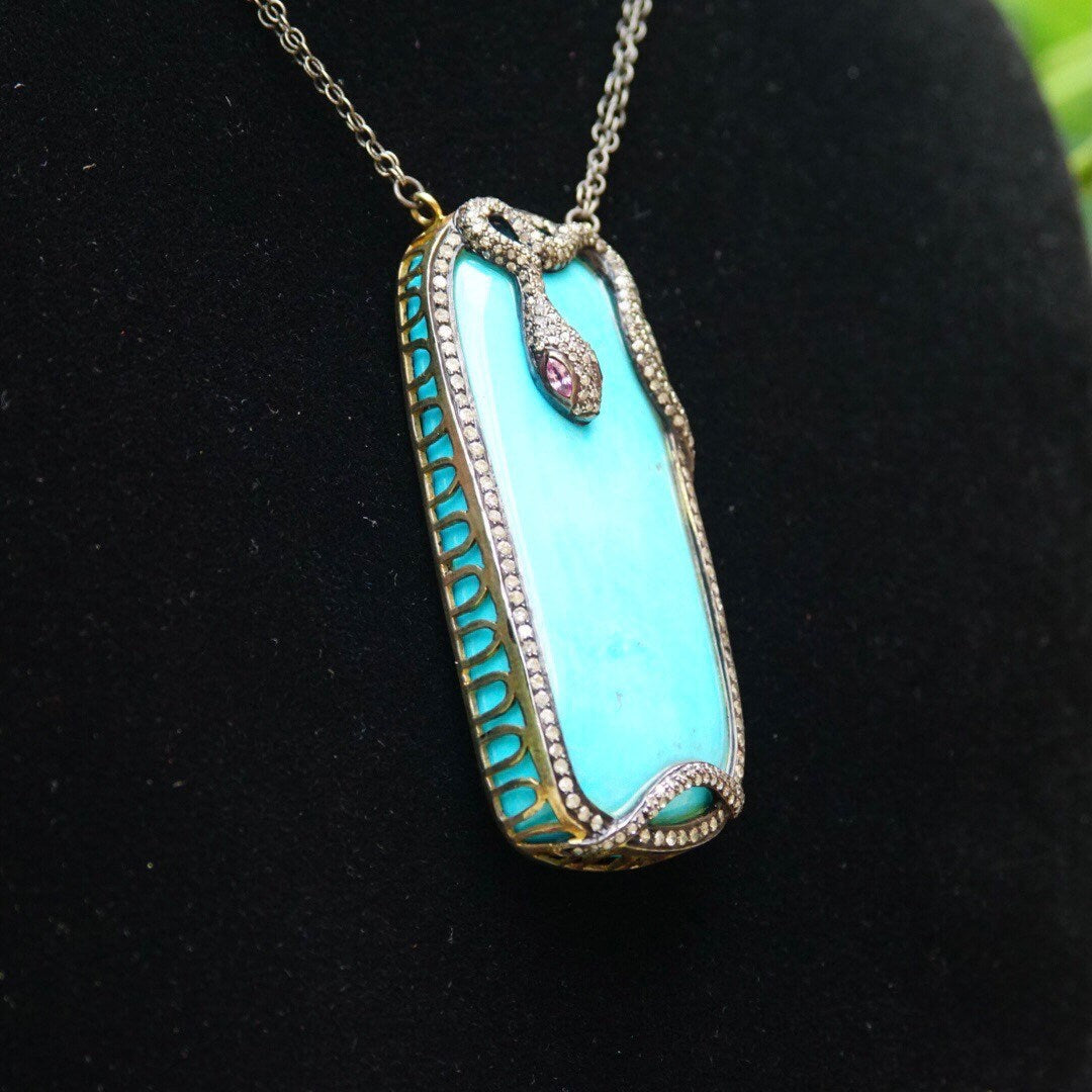 Vintage 18K Gold & Sterling Silver Turquoise Snake Pendant Necklace, Diamond Encrusted Snake, Huge Turquoise Stone, 2-Strand Chain, 21.25" L