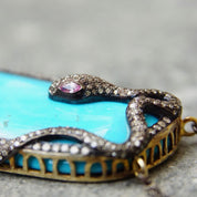 Vintage 18K Gold & Sterling Silver Turquoise Snake Pendant Necklace, Diamond Encrusted Snake, Huge Turquoise Stone, 2-Strand Chain, 21.25" L