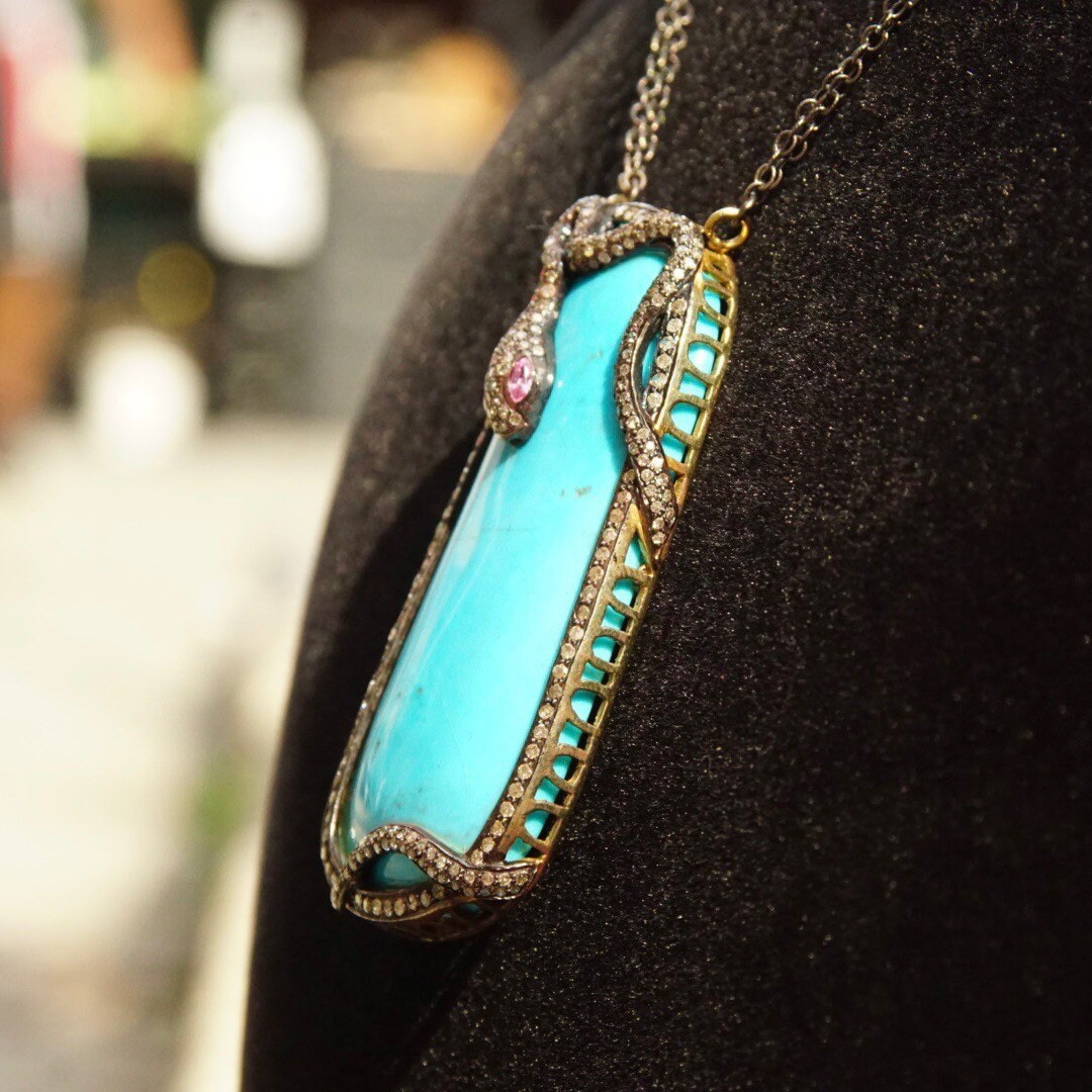 Vintage 18K Gold & Sterling Silver Turquoise Snake Pendant Necklace, Diamond Encrusted Snake, Huge Turquoise Stone, 2-Strand Chain, 21.25" L